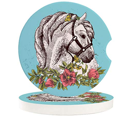 Car Drinks Coasters Boho Animal Horse Poppy Wreath Equestrian Round Coaster Car Accessories with Absorbent Ceramic Stone&Finger Notch for Easy Removal Set of 2 Pack