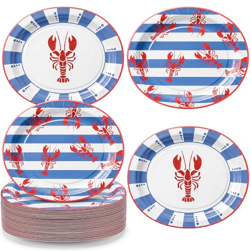 Tiangrid Crawfish 50 Pcs Oval Paper Plates 10 x 12 Large Disposable Blue Striped Boil Plates for Blue Ocean Beach Party Supplies Coastal Summer Seafood Party Decorations