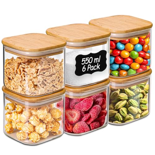 Comsaf Tarros de Cristal con Tapa, Frascos de Vidrio con Tapa, 550 ml, Set de 6 Piezas, Adecuado para Frijoles Negros, Palitos de Galleta, Piñones