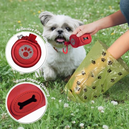 Image of FURHAB Dog Poop Bag Holder for Leash Doggie Waste Bag Dispenser Soft Fabric Puppy Potty Carrier Small Doggy Zipper Pouch with Carabiner Clip 1680D Nylon Oxford with 1 Roll of Pet Trash Bags, Red