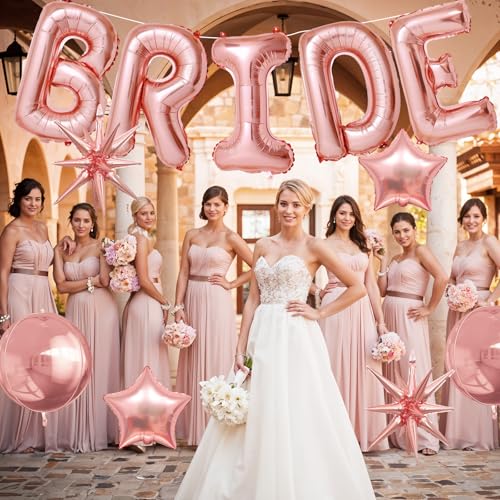Image of Rose Gold Bride Balloons Bachelorette Party Decorations, 32in Rose Gold Giant Bride Balloons with 4D Disco Ball Balloon and Star Foil Balloon for Bridal Shower Wedding Engagement Party Supplies