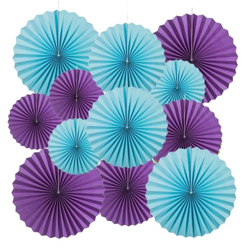 Image of MOWO Blue and Purple Paper Fans Wall Decoration, 12pc | Background Ceiling Hanging Decoration, For Birthday Baby Shower Graduation, Ocean Sea Theme Party Decoration