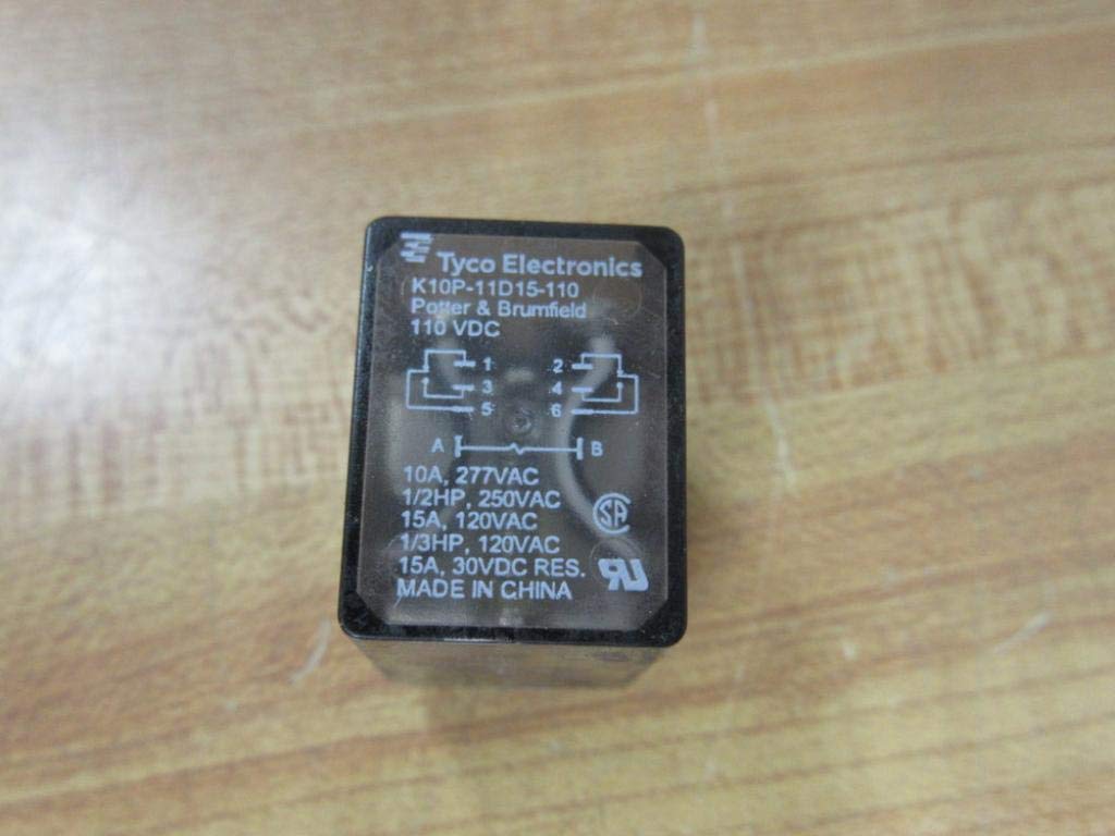 Top view of the K10P-11D15-110V Relay showing pinout diagram and electrical ratings