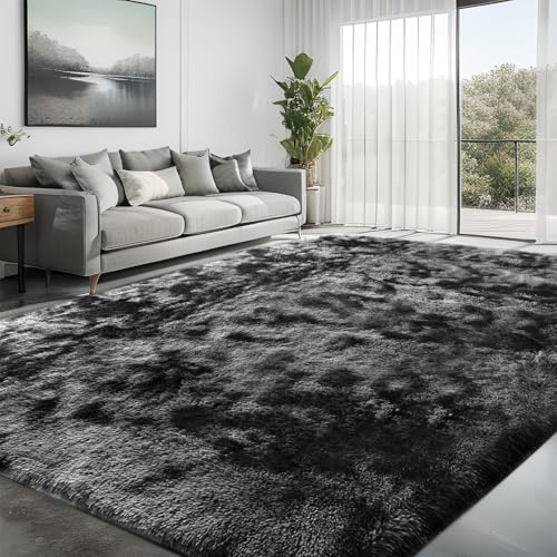 LNZHAO Living Room Rugs 120x180cm - Extra Large Shaggy Soft Fluffy Rug Area Carpet, Modern Tie-dye Carpet - Washable Rugs for Home Decor, Bedroom, Dorm, Kids Room Lounge Office, Dark Grey