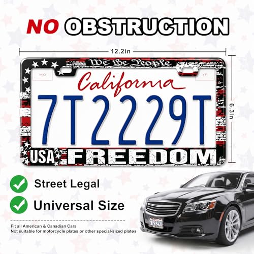 Image of American Flag License Plate Frame 2 Pack Patriotic Plate Holder | Universal Aluminum Car License Plate Cover with Screws for Women Men
