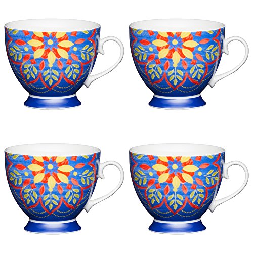 Kitchen Craft Large Bone China 'Moroccan Blue' Footed Floral-Patterned Mugs, 400 ml - Multi-Colour (Set of 4)