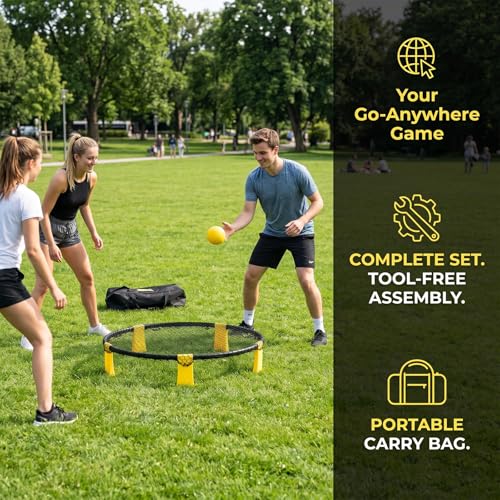 Fesatccoz Profi Roundnet Set für Draußen Stabiles Outdoor Spieleset für Garten und Strand Tragbares Ballspiel für Erwachsene und Kinder inklusive Netz 2 Bälle Pumpe und Tasche Gelb
