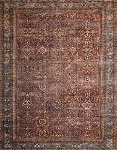 Loloi Layla Collection, LAY-01, Brick/Blue, 7'-6" x 9'-6", .13" Thick, Area Rug, Soft, Durable, Vintage Inspired, Distressed, Low Pile, Non-Shedding, Easy Clean, Printed, Living Room Rug