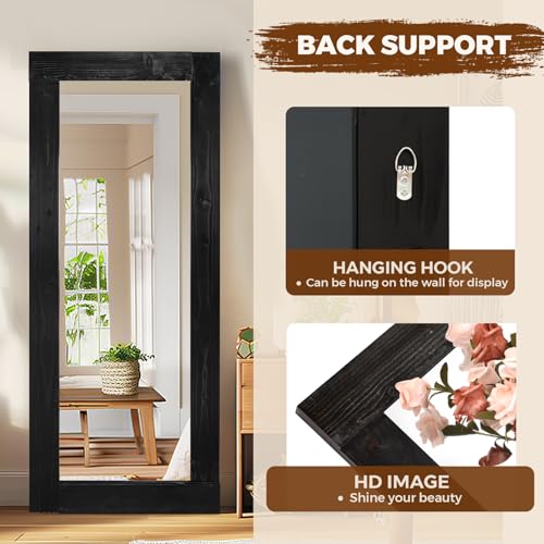 Image of 58x24in Full Length Mirror, Solid Wood Convex Frame, Black