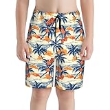 Shin Fashion Teen Boys Swim Trunks Tropical Palm Hibiscus Quick Dry Beach Shorts Mesh Lined with Pockets Medium