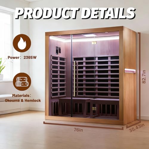 Image of Infrared Yoga Sauna,Low EMF,3-4 Person Sauna,Premium Wood,Indoor Sauna | 2365W /120V,15 Low EMF heating panels, 130℉, BT speaker, 7-color LED lights, ventilation system,tall yoga-friendly design