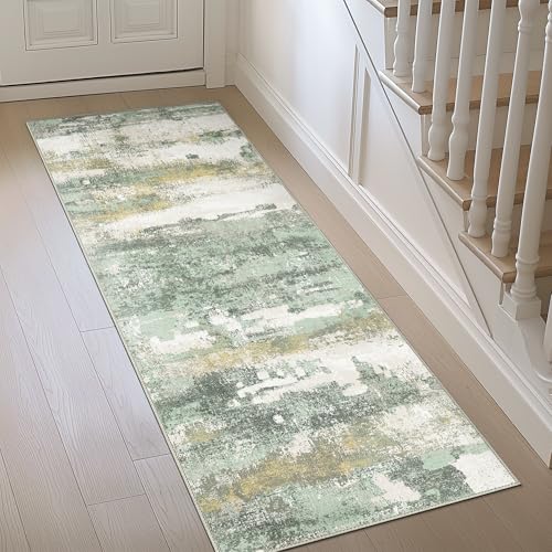 Runner Rug for Hallway Kitchen, 2x5 Machine Washable Runners Rug for Entryway, Soft Modern Abstract Throw Rugs, Low Pile Floor Cover with Non Slip Backing, Light Green