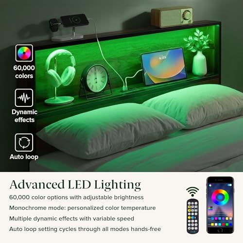 Image of Zinus Kai Platform Bed Frame, Four Underbed Storage Drawers, King | Two-Tier Headboard for Space-Saving Storage, Mood Setting RGB LED Lights, Built-in USB Charging Station, Ambient Night Light