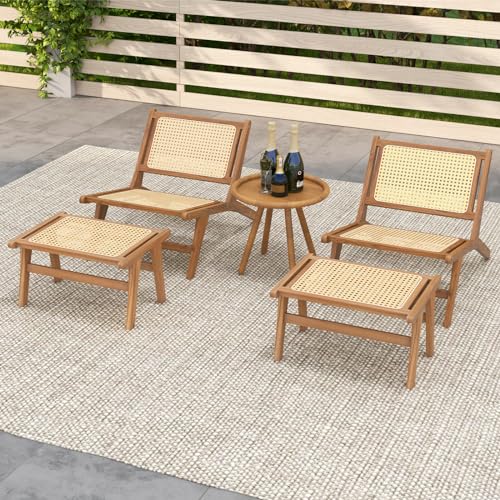 Sillón reclinable con ratán y madera teca marrón miniatura 5