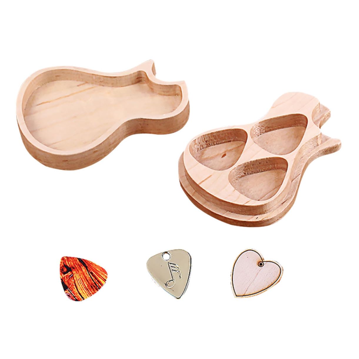 Plektrumbox aus Ahornholz in Gitarrenform mit 3 Plektren L813 | Khaki, 1 Satz, Praktische Aufbewahrung für Gitarrenzubehör, Schöner Look für Musikliebhaber
