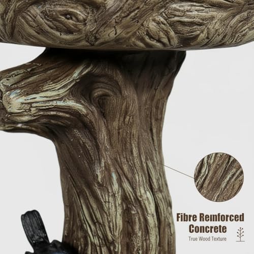 Image of SunJet 23 Inch High Wood-Look Concrete Bird Bath with Decorative Faux Bird - Birdbath Rustic & Long-Lasting Design, Enhances Garden, Patio, Yard, Lawn Decor