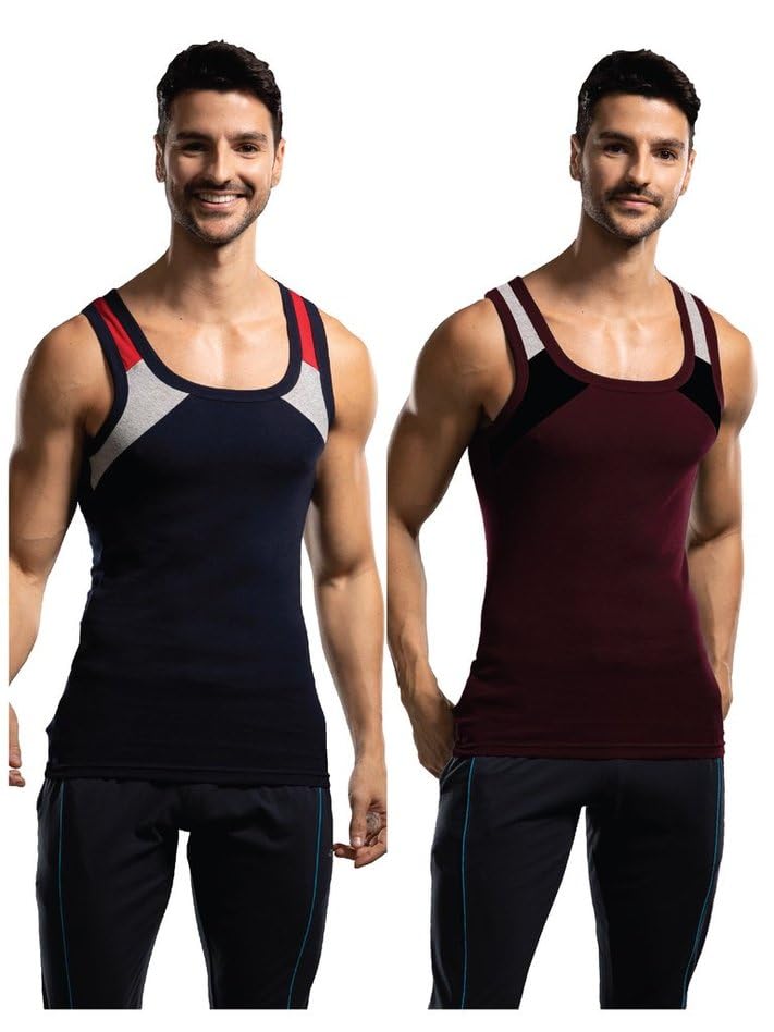 Image of Genx Men's Super Combed Cotton Gym Vest with Sports Style (Pack of 2) (Color May Vary)
