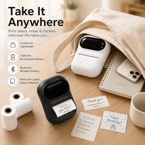Image of Compact Thermal Printer, mini Wireless Printer, can Print barcodes and Stickers, Suitable for Office, Retail, and Jewelry Label Production, Supports Mobile Phone Connection and USB Charging (Black)