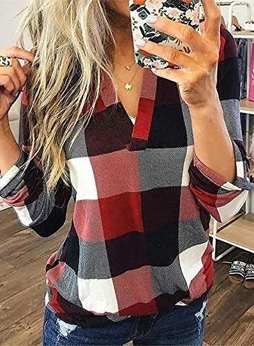 Dokotoo Womens Blouse Spring Summer Fall Fashion Ladies Basic Cotton Cuffed 3/4 Long Sleeve Plaid Print V Neck Work Tops Tunic Blouses Shirts For Women 2023 Business Casual Red #TOP1