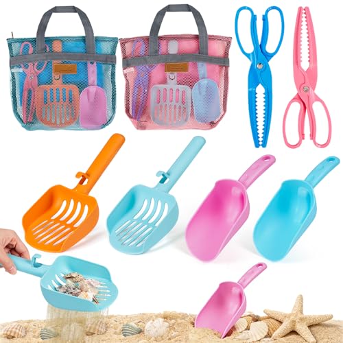 Beach Sand Toy Kids Age 4-8 Sandbox Kits with Mesh Shell Bags, Shovels, Claw Tongs for Shark Teeth Beach Essential Travel Summer Baby Toys for Toddlers Boys & Girls 3 4 5 6(2 Packs)