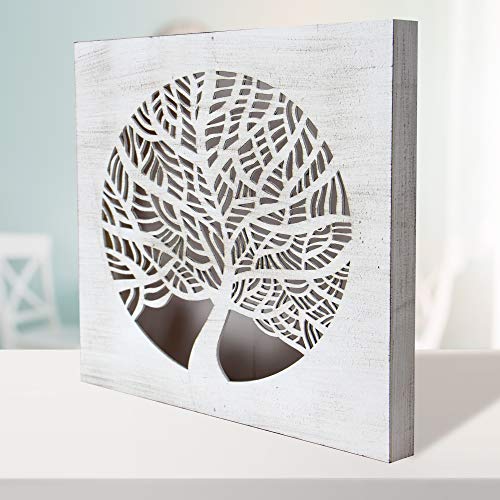 Cuadro Mandala de Pared - árbol de la Vida Calada, Fabricada artesanalmente en España- Mandala 3D Cuadrada Pintada a Mano (214 Blanco envejecido, 50x50 cm)