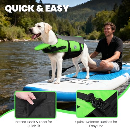 Image of VIVAGLORY Dog Life Vest Front Float Dog Swim Vest, M, Bright Green | Life Jacket with Chin Float & Handle for Swimming & Boating, High Visibility Adjustable for Doggy Cat Puppy
