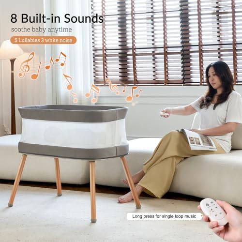Image of VaVaSoo Automatic Rocking Bassinet, Electric Bassinet with 3 Speeds,Self-Rocking Sleeper Soothing White Noise, Electric Bedside Crib for Infants 0-6 Months, Solid Light Grey