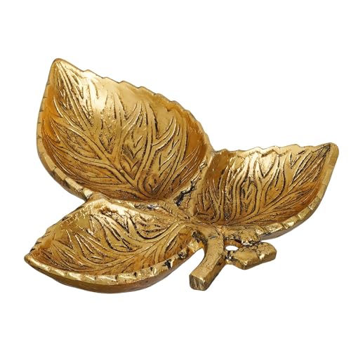 Image of KridayKraft Hand Crafted Metal 3 Part Leaf Shape Tray Perfect for Home Centre Table Serving Dry Fruits (Golden, Pack of 1)