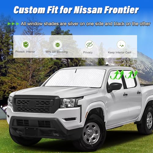 Image of KMF 5pcs Full Window Sun Shade Custom Fit for Nissan Frontier 2022-2024 Accessories, Privacy Car Window Covers Sunshade for Windshield Side Rear, UV Block and Blackout for Car Camping /Baby