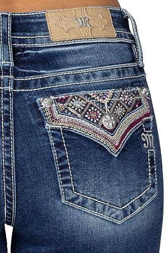 Miss Me Women's Mid-Rise Bohemian Pattern Embellished Bootcut Jeans with Faux Flap Pockets4