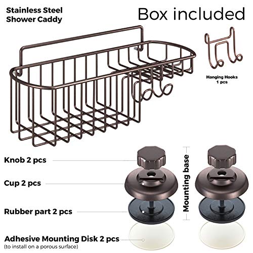 HASKO accessories - Powerful Vacuum Suction Cup Shower Caddy Basket for Shampoo - Combo Organizer Basket with Soap Holder and Hooks - Stainless Steel Holder for Bathroom Storage (Bronze)