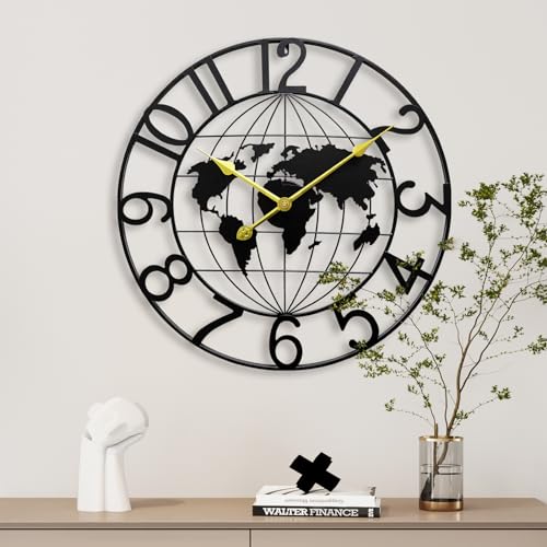 KEQAM World Map Large Wall Clock for Living Room,Metal Decorative Wall Clock,Big Modern Round Silent Non-Ticking Battery Operated Wall Clocks,Kitchen Clock Home Decor (24 in)
