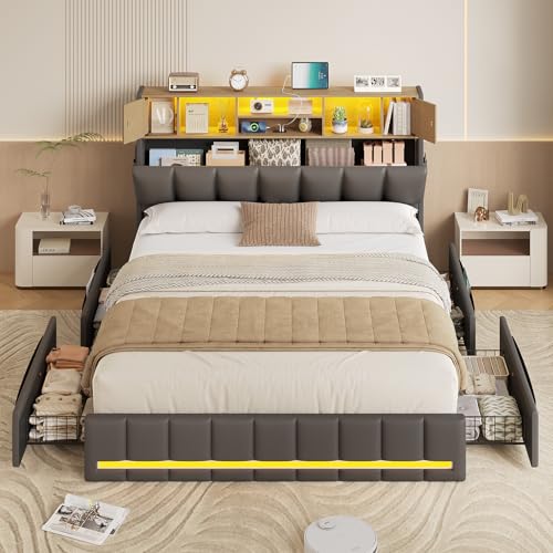KIMENICH Bett 160x200 cm, Doppelbettgestell, Bett mit LED-Beleuchtung, Polsterbett, 4 Schubladen, Ladestation, Metallrahmen & Holzkopfteil mit Stauraum, für Schlafzimmer, Gästezimmer, Grau