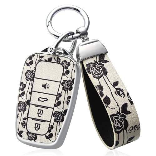 EnerCharge for Toyota Key Fob Cover with Keychain,Premium Soft TPU and Leather Key Case Protector Compatible with 2020-2022 Highlander Corolla Prius,2018-2024 RAV4 Camry Avalon C-HR GT86 (White Rose)