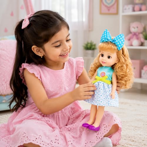 Image of Fashion Doll for Girls | 12 Inch Cute Princess Doll with Stylish Dress & Blue Bow | Pretend Play Toy | Birthday Gift and Festival Gifts for Kids Age 3+ Years