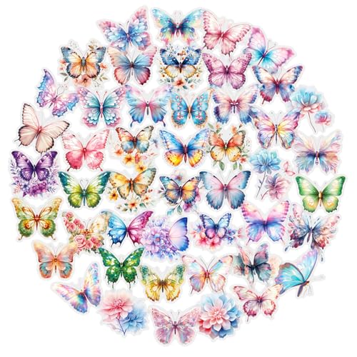Tisaindor 50 Pcs Butterfly Stickers Realistic Transparent Butterfly PET Sticker Colorful Waterproof Stickers for Laptop Stationery Luggage Scrapbooking Water Bottles Gifts