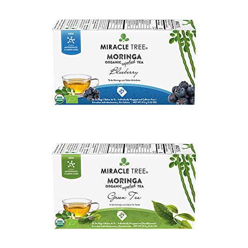 Miracle Tree – Organic Moringa Superfood Tea, 2 Pack Bundle, 2×25 Individually Sealed Tea Bags (Blueberry, Green Tea)
