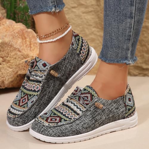 Women's Summer Fashionable Ethnic Pattern Lace Up Front Canvas Shoes, Work Flat Sneakers, Casual Comfortable Low Top Outdoor for Daily Wear, Loafers, Trending Walking Shoes, Trainers2