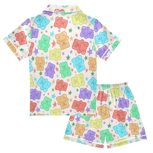 Colorful Cute Gummy Bears Summer Satin Pajama Set, Cute Button-Down Sleepwear Pj Set for Sleep Wears2