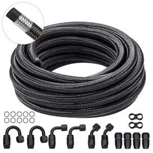 VEVOR 6AN Fuel Line Kit, 20 FT Fuel Hose Kit, 0.34″ Nylon Stainless Steel Braided Fuel Line Oil/Gas/Diesel Hose End Fitting Kit, with 12 PCS Swivel Fitting Adapter Kit, Black