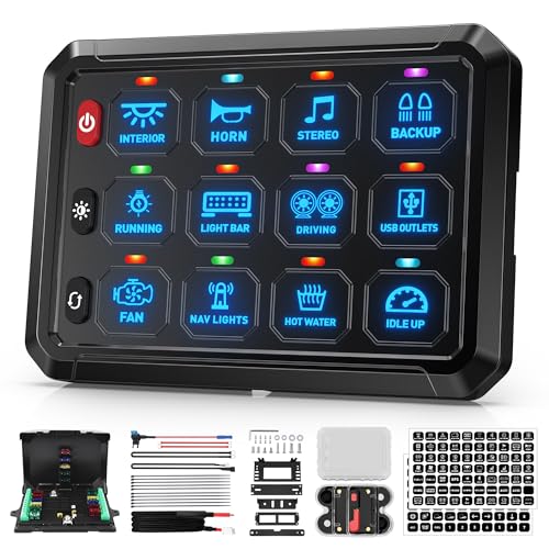 Bumbee Blue 12 Gang Switch Panel 5-Level Brightness Switches, Multifunction Toggle Switch Box Circuit Control Relay Momentary, High Power 3 Silicone Button for Cart Car Truck SUV RV Offroad Marine