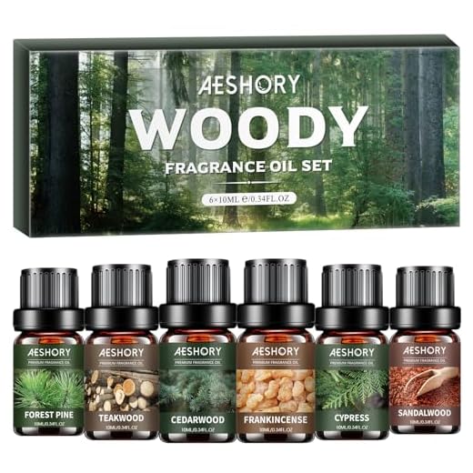 AESHORY Legnosi Oli Essenziali per Diffusori 6 x 10ML, Set di Olio Essenziale di Aromaterapia Naturale al 100% per Massaggi, Bagno - Sandalo, Cedro, Cipresso, Incenso, Legno di Teak, Pino Forestale