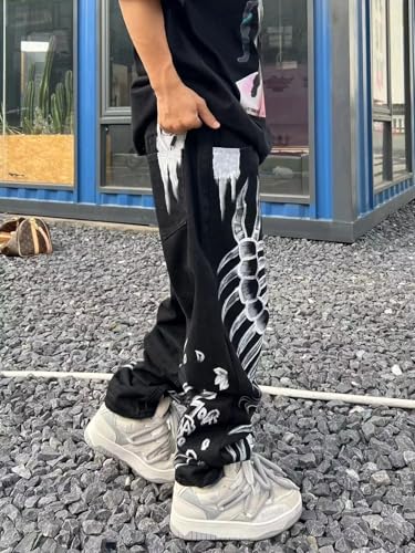 jupkem Baggy Jeans Men Grunge Skull Pants Y2k Gothic Wide Leg Graphic Jean Punk Hiphop Denim Jeans 90s Cool Streetwear2