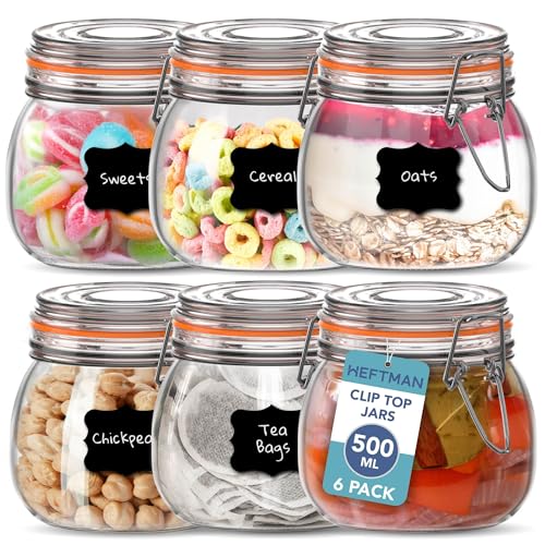 HEFTMAN Clip Top Glass Jars - Set of 6 500ml Airtight Glass Jars with Lids and Silicone Seal for Pasta, Sourdough Starter, Chutney, Pickling, Kitchen Organisation - Empty Food Storage Jar Set (6 Pack)