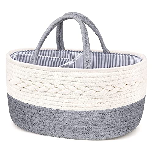 Yueshop Baby Nappy Caddy Organiser, Multifunctional Cotton Rope Baby Diaper Caddy Nursery Portable Storage Wipes Bag with Adjustable Paste Dividers Nappy For Newborn (Light Grey)