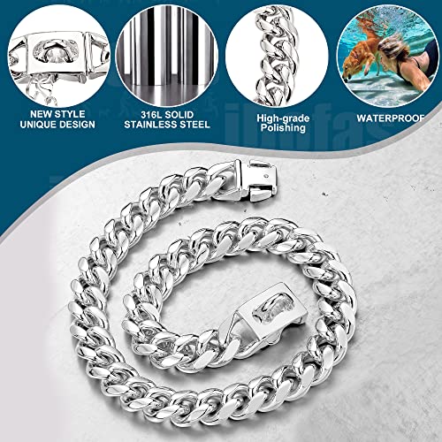 Image of Dog Chain Collars Cuban Link Dog Collar Design Buckle with Bell & Dog Tag Stainless Steel Metal 10mm Gold Silver Dog Collar for Puppy Small Medium Large Dogs(Silver /22)