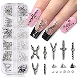 Furtherpretty Gothic Nail Charms Set, 3D Metal Punk Bondage Nail Accessories with Silver Spikes & Rivet Studs, Y2K Hollow Harness Strap and Belt Buckle Designs, Goth Nail Art Decorations with Tweezers