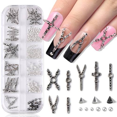 Furtherpretty Gothic Nail Charms Set, 3D Metal Punk Bondage Nail Accessories with Silver Spikes & Rivet Studs, Y2K Hollow Harness Strap and Belt Buckle Designs, Goth Nail Art Decorations with Tweezers