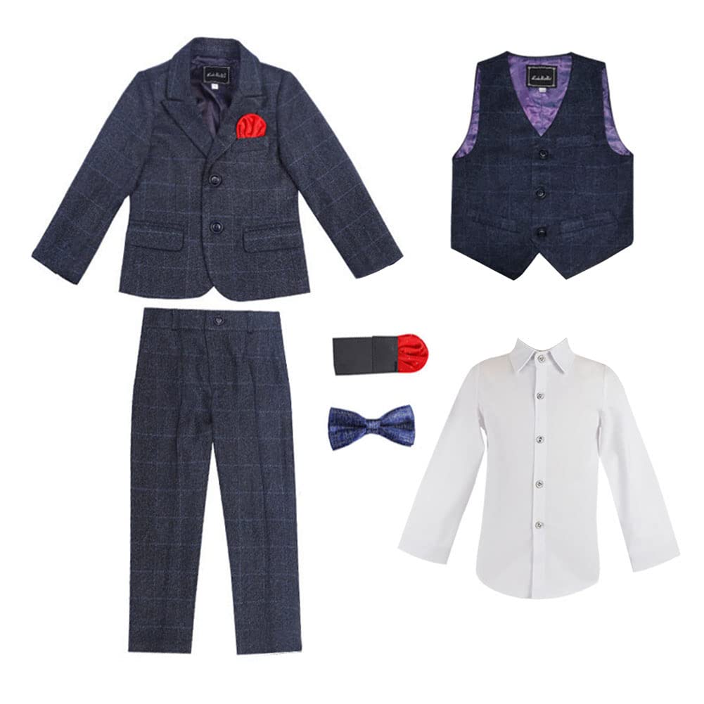 DAIHAN Traje Comunión de Tweed de niño Actuación Cumpleaños Fiesta de Bodas Traje de Fiesta de Esmoquin Pantalones de Chaqueta de Solapa con Pajarita Conjunto de Trajes de Bautizo de Caballero
