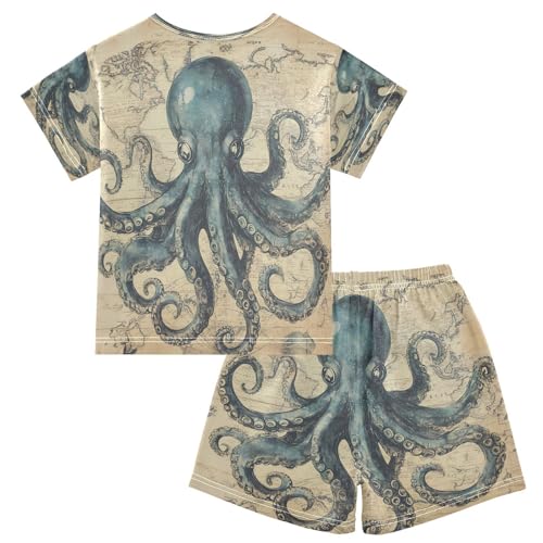 ALAZA Vintage Blue Octopus Nautical Map Retro Pajamas Set Short Sleeve Cotton Sleepwear Summer Pjs 2 Piece 5-14Y2